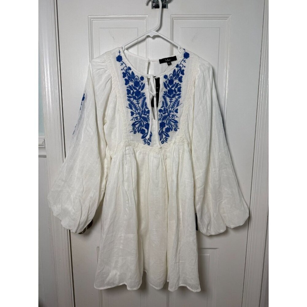 Lulus White & Blue Embroidered Shift Dress Long Puff Sleeve Size Small NWT - Picture 10 of 14